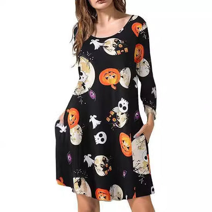 Halloween Christmas Holiday Color Casual Printed T-shirt Dress
