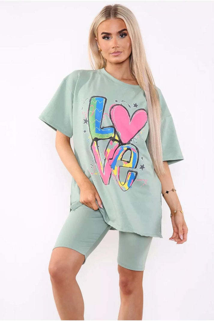 Love Side Slit Cycling Short And T-Shirts Co-Ord Two Piece Set With Front Love Slogan