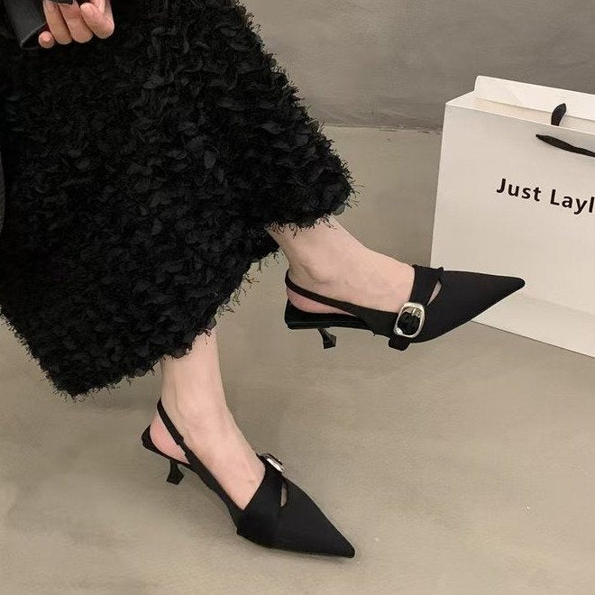 French Elegant Closed Toe Sandals, Summer Outdoor New Arrival, Minimalist Luxury Square Buckle Pointed Toe Slip On Shoes For Commute
