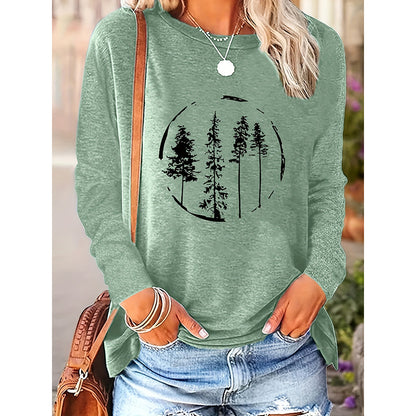 Women's Long Sleeve Merry Christmas T-Shirt, Cute Christmas Tree Graphic Tee, Funny Holiday Party Top