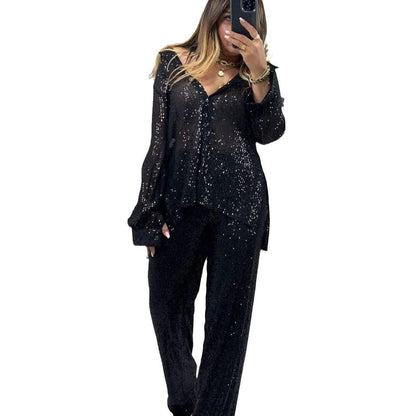 Fashion Casual Women's Clothing Sequin Coat Trousers Top Suit