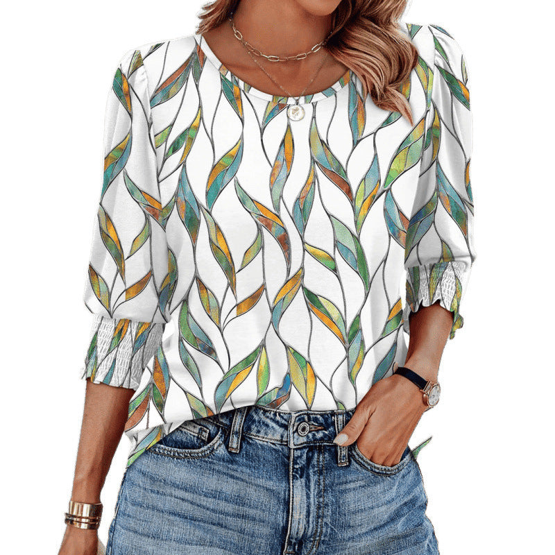 Autumn Loose Casual Print Round Neck Top For Women