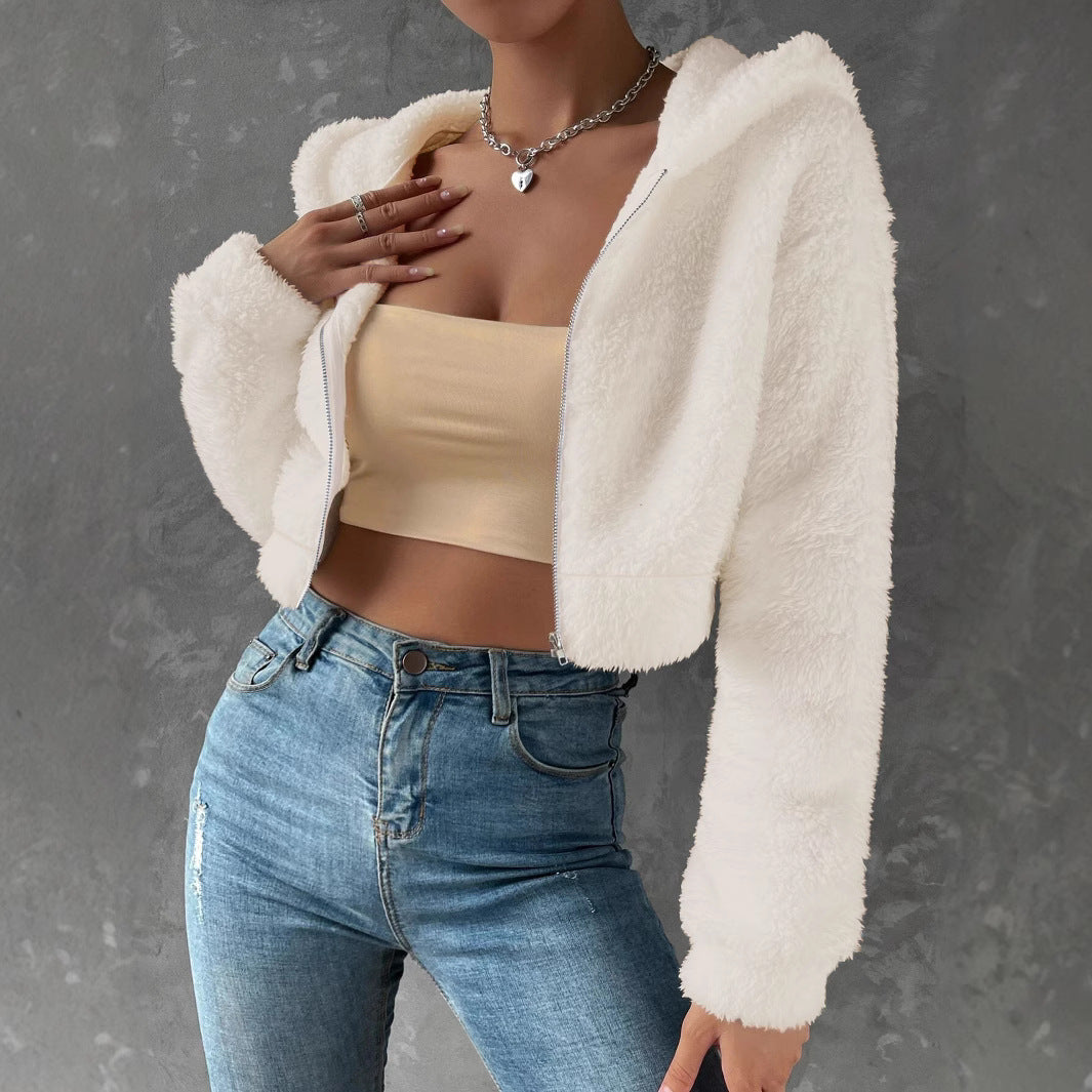 Women's Coat Fashion Casual Short Long Sleeve Hooded Fleece Shirt Solid Color