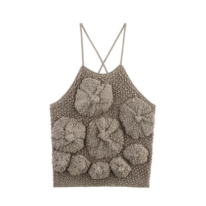 Three-dimensional Flower Design Fluffy Texture Sling Top For Women