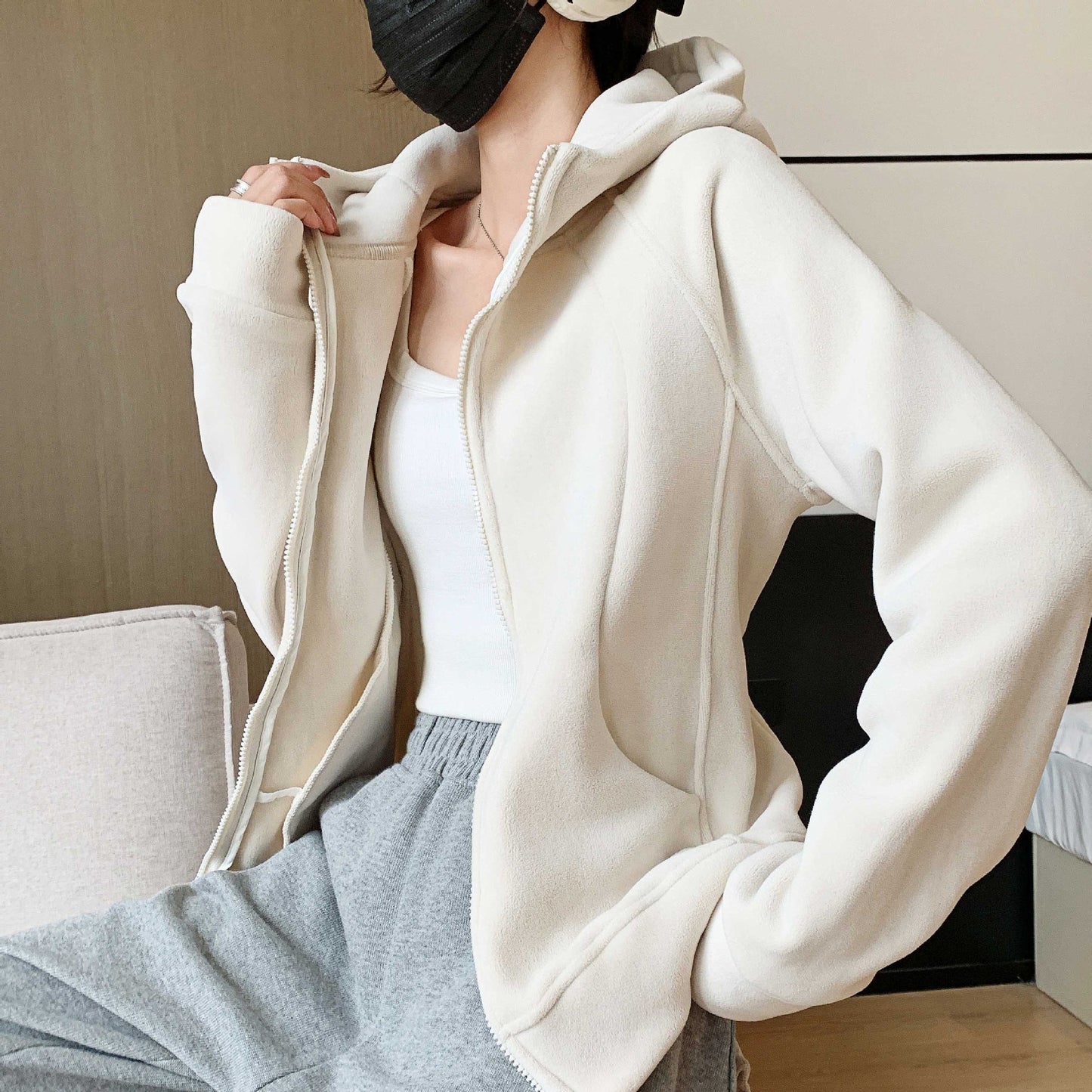 Hooded Zipper Sport Cardigan Coat Female Brushed Hoody