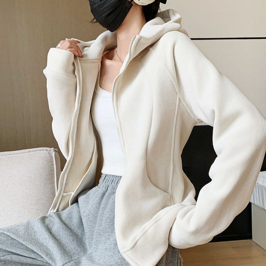 Hooded Zipper Sport Cardigan Coat Female Brushed Hoody
