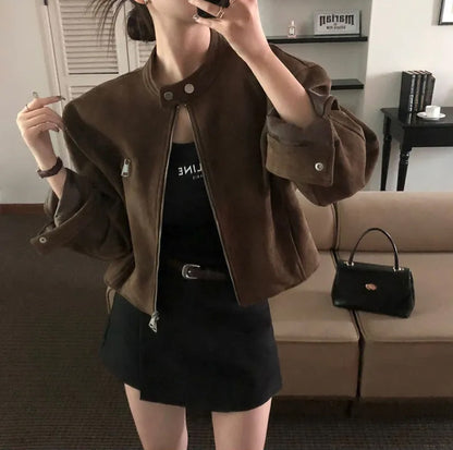 Retro Graceful Stand Collar Zipper Pocket Loose Versatile Short Jacket