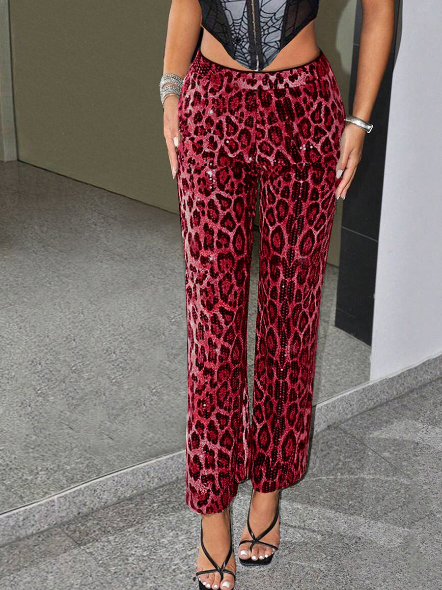 Printed Sequins Leopard Print European And American Straight-leg Trousers