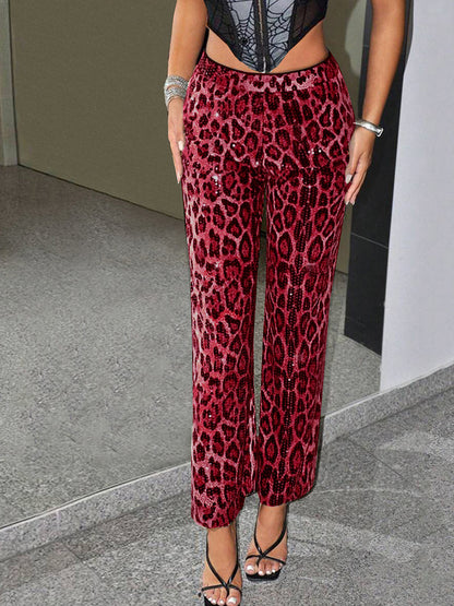 Printed Sequins Leopard Print European And American Straight-leg Trousers
