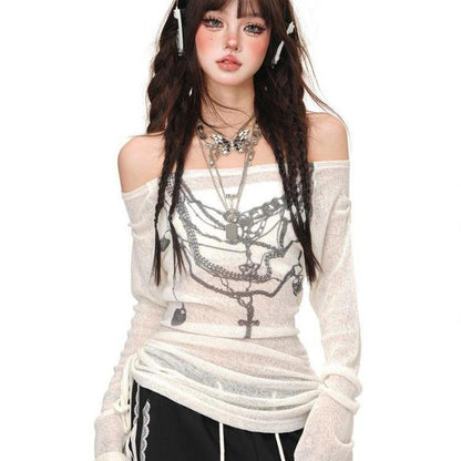 Girl Style Floral-print Off-shoulder Long Sleeve