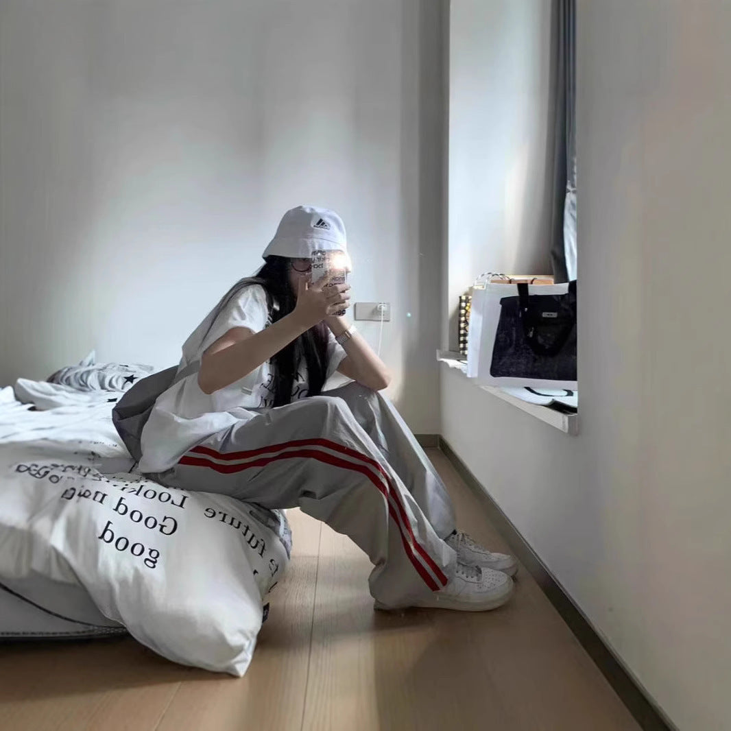 American Striped Sports Pants Female Spring And Autumn Loose Wide Leg Leisure