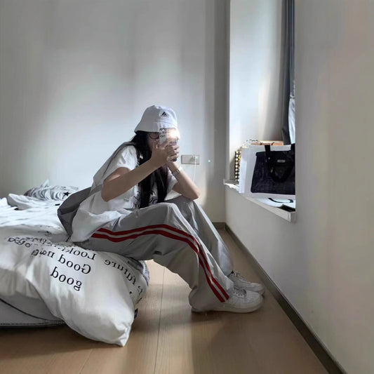 American Striped Sports Pants Female Spring And Autumn Loose Wide Leg Leisure